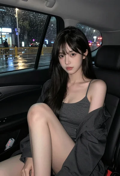 Young woman with black hair seated inside car at night rain scene