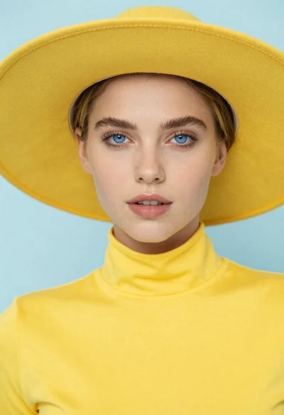 Portrait of woman in yellow hat against blue background