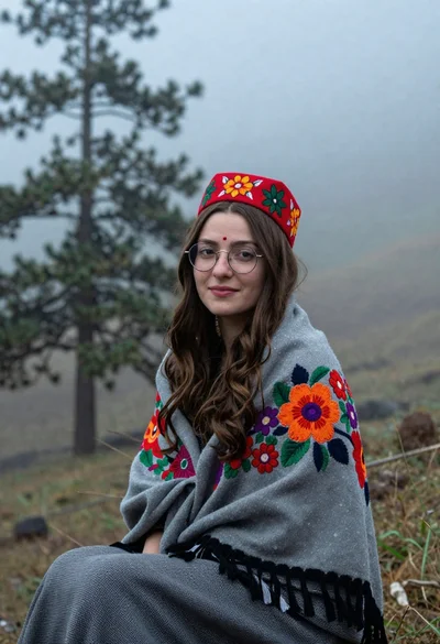 Young woman with brown hair and traditional shawl in misty mountains