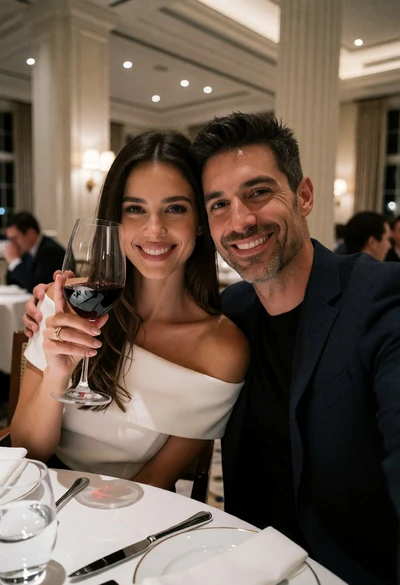 Couple smiling closely at white dining table in upscale formal restaurant setting