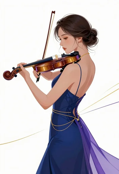 Profile view of woman playing violin against white void digital illustration