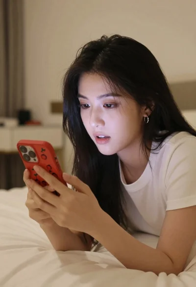 Young woman with black hair looking at smartphone in beige bedroom