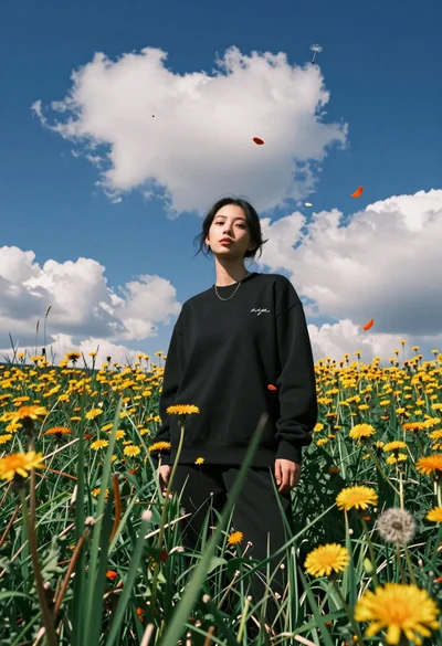 Young woman in black sweatshirt standing in sunlit meadow with wildflowers