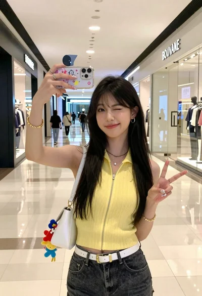 Young woman taking a selfie in a modern shopping mall corridor