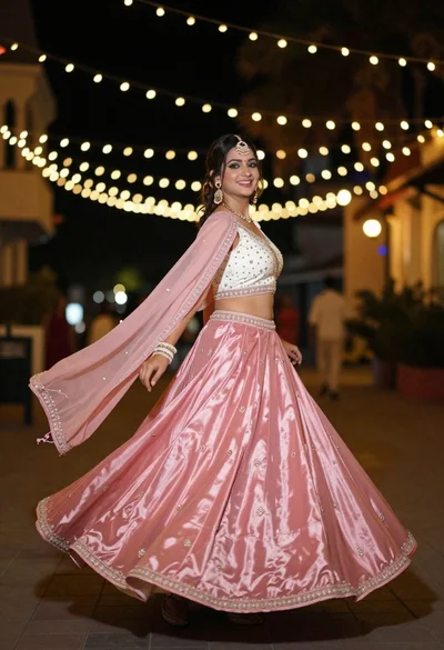 Woman spinning in pink lehenga choli against bokeh fairy lights at night