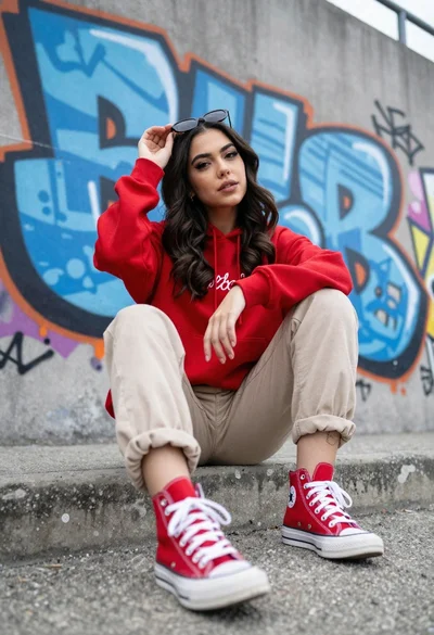 Young woman in red hoodie sitting on steps before graffiti mural