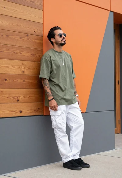 Man leaning against modern orange grey geometric wall in urban setting