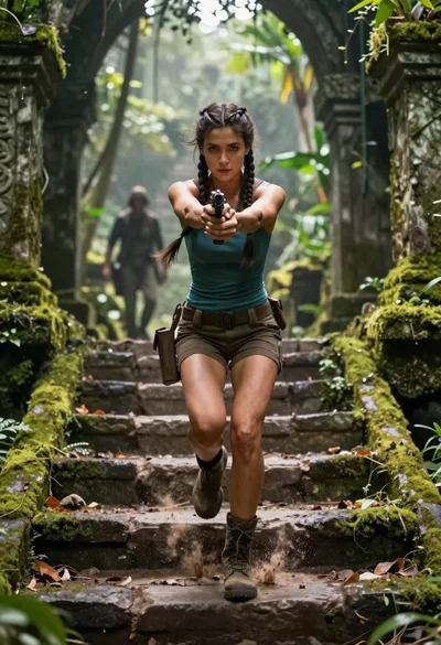 Determined woman running down mossy jungle ruin steps with pistols