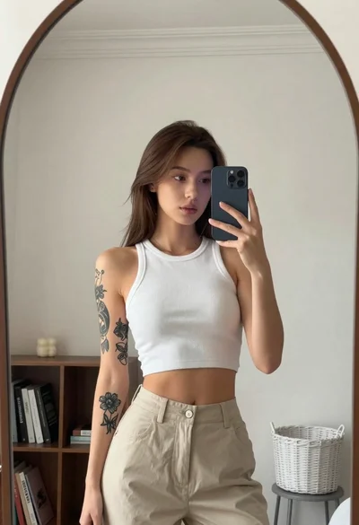 Young woman with brown hair taking mirror selfie in white crop top