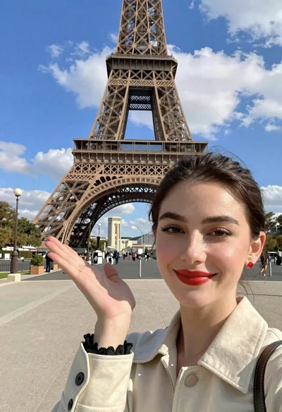 Smiling woman taking selfie pointing towards eiffel tower in paris