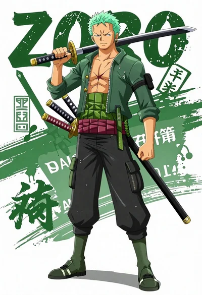 Anime illustration of roronoa zoro standing with three katanas on his waist