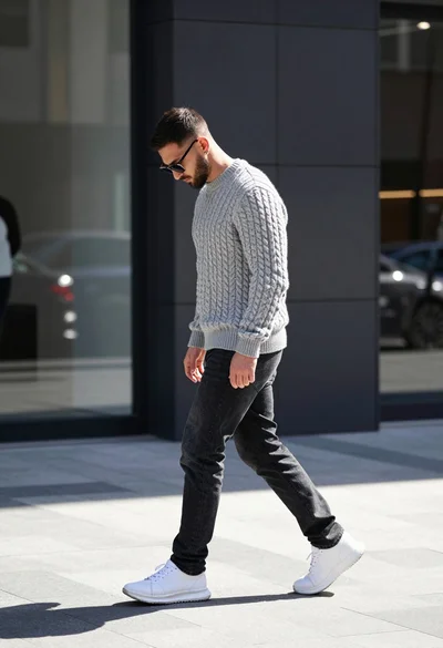 Man in grey sweater walking across urban plaza under bright sunlight
