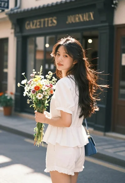 Young woman in white outfit holding wildflowers on an old street