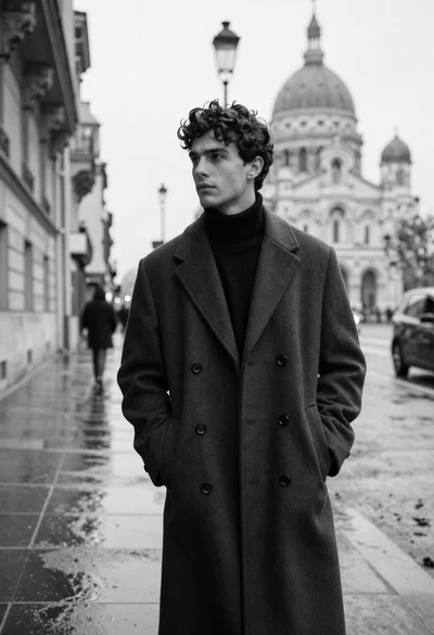Cinematic black and white portrait of young man on wet paris street