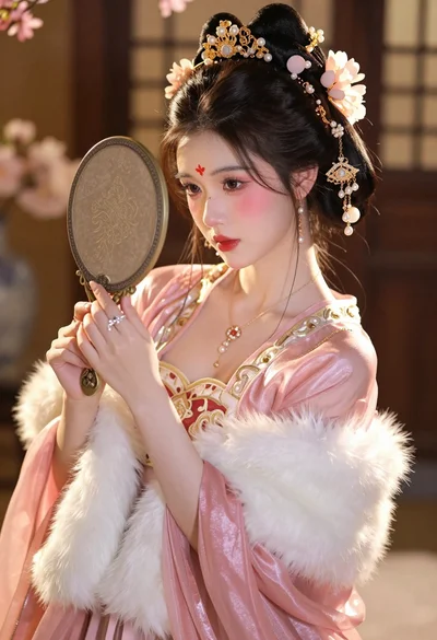 Close up portrait of young woman in ornate pink gown with gold