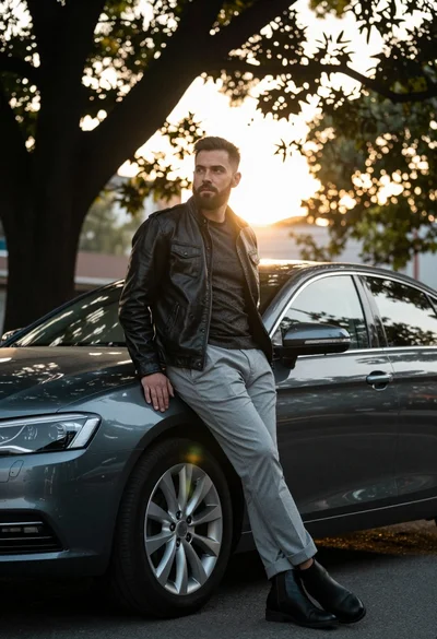 Man leaning on dark sedan fender outdoors with sunlight filtering through trees