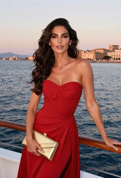 Glamorous woman in red dress on boat deck overlooking coastal sunset
