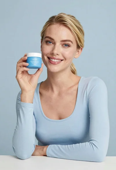 Smiling blonde woman holding a blue jar in a minimalist studio setting