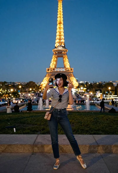 Stylish woman taking selfie with eiffel tower at trocadero esplanade