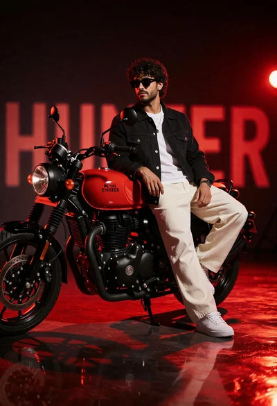 Stylish man on red motorcycle in dramatic studio setting with deep red