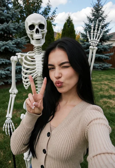 Young woman taking a selfie near skeleton prop on green lawn