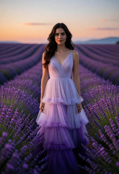 Woman in lilac and violet gown standing in vast lavender field at