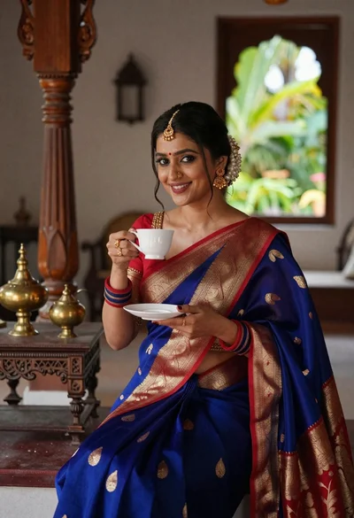 Smiling indian woman in blue silk saree holding a teacup indoors