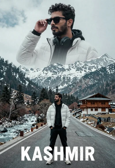Cinematic travel poster of man on winding mountain road near traditional wooden