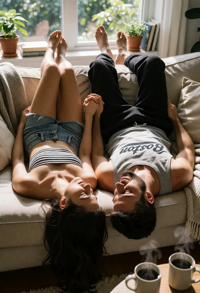 Couple lying on sofa in sunlit living room looking toward window