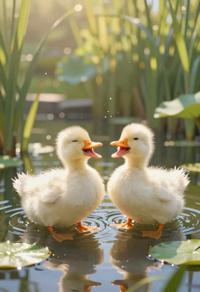 Two white ducklings swimming in a sunlit pond