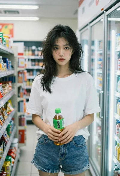 Young woman holding green tea bottle inside a convenience store aisle