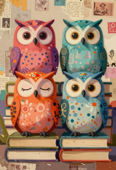 Colorful stylized owls sitting on stacked books