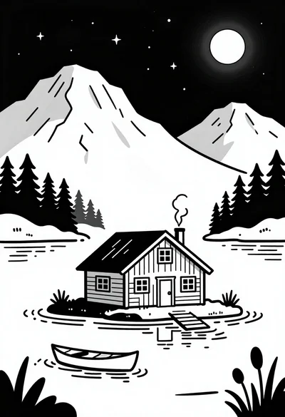 Black and white line drawing of cabin by mountains