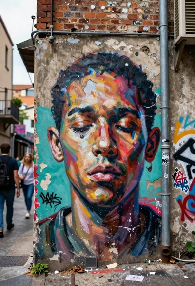 Large expressive mural of human face on urban alleyway wall