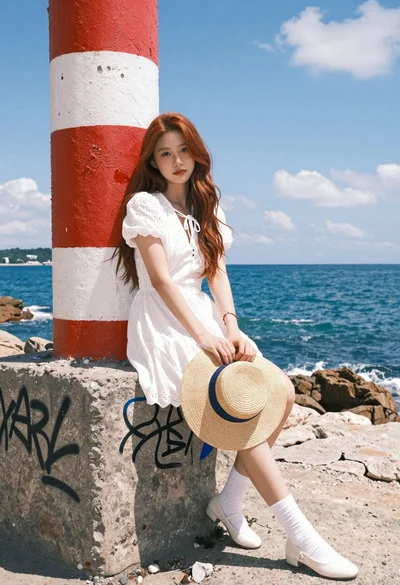 Fair young woman in white dress sitting by weathered pillar overlooking blue