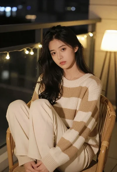 Young woman in knit sweater sitting on balcony at night
