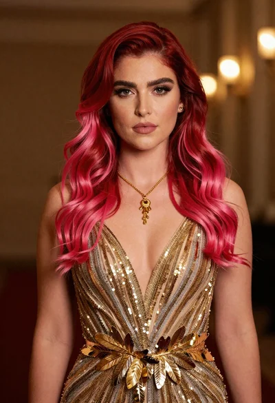 Woman with red hair wearing golden sequin dress portrait
