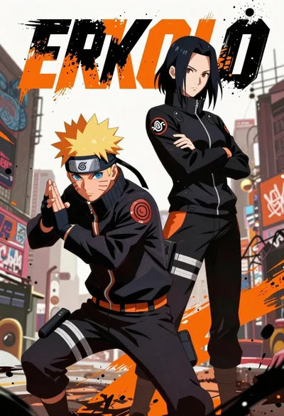 Anime ninja characters in tactical gear standing back to back on a