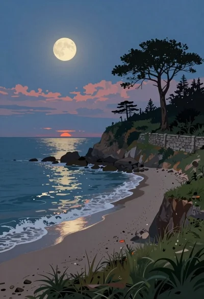 Serene coastal landscape at twilight under full moon
