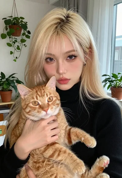 Woman with blonde hair holding an orange cat indoors