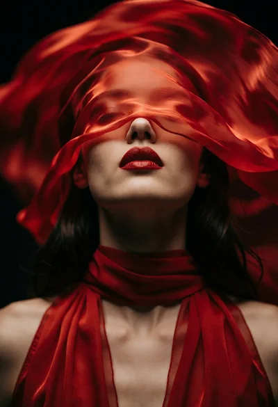 Dramatic portrait of woman face obscured by flowing red sheer fabric