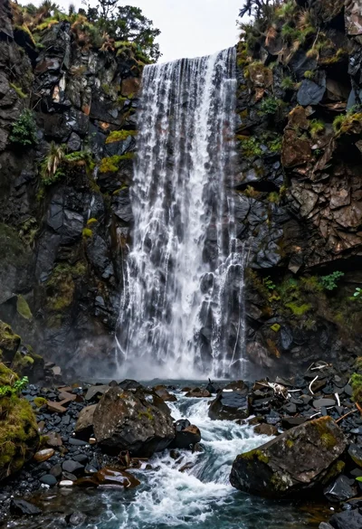 Majestic multitiered waterfall cascading down a rugged cliff face into riverbed