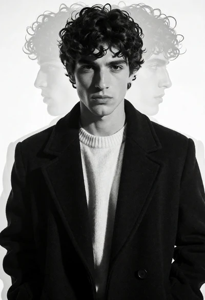 Black and white portrait of young man in wool coat against stark