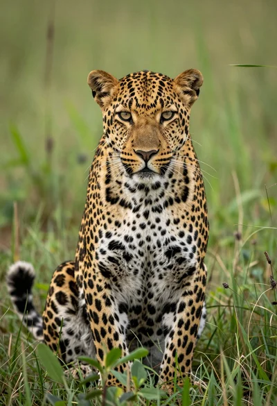 Majestic leopard sitting alert in lush green savanna grassland close up