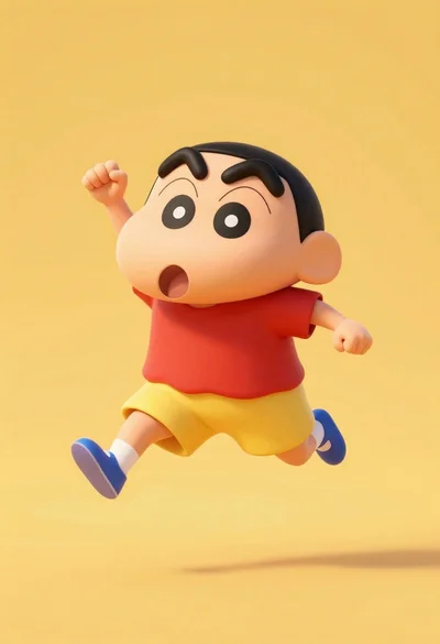 3d animated boy character with black hair leaping in red shirt against