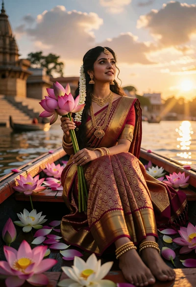 Woman in maroon saree boat filled with lotus flowers at sunset river