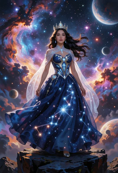 Majestic woman in blue ballgown standing on rock against cosmic nebula backdrop