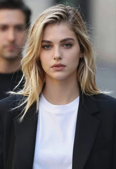 Close up portrait of blonde woman wearing black blazer and white t