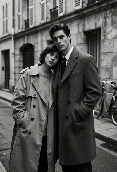 Couple in trench coats on a narrow paved alleyway street