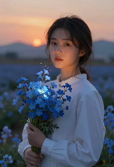 Young woman holding glowing blue flower bouquet at twilight sunset